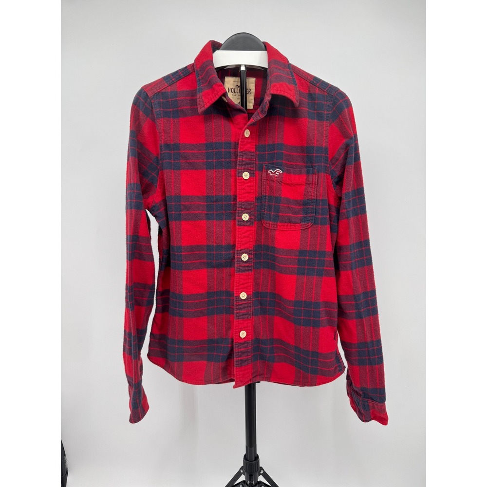 Hollister Womens Plaid Flannel Shirt Red Navy Blue Long Sleeve Button Down M